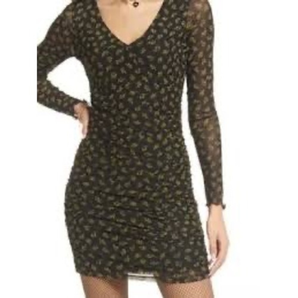 BP. Dress Womens XXS Black Green Floral Ruched Midi V-Neck Long Sleeve New